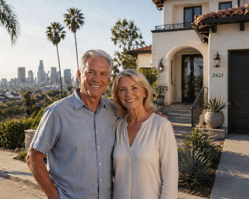 Older Los Angeles homeowners in front of their home with downtown LA skyline in the background