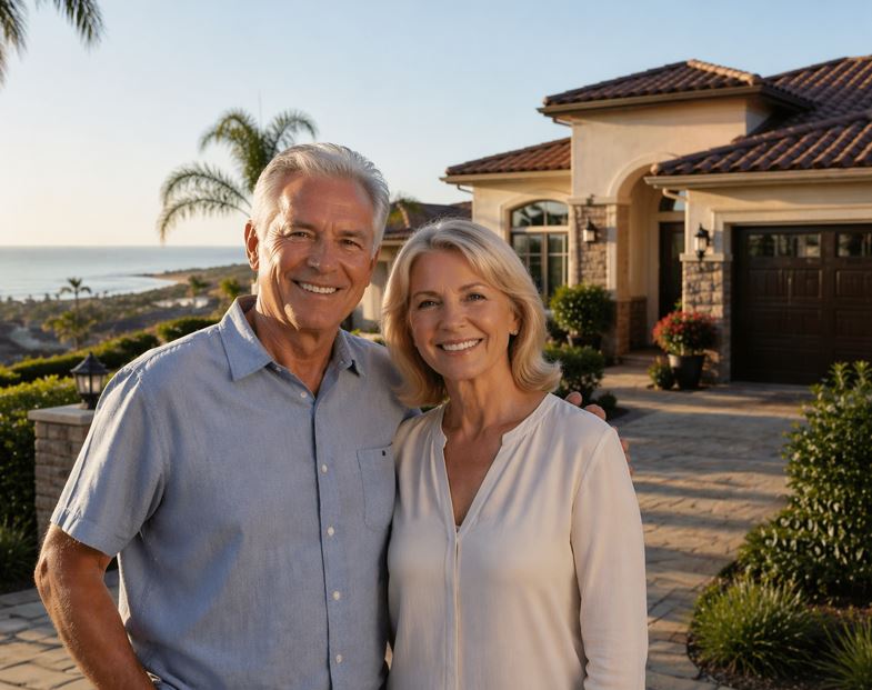Older Orange County homeowners in front of their coastal Mediterranean home