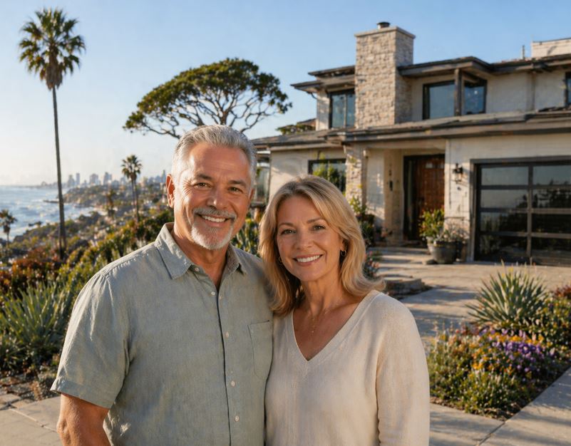 Older San Diego homeowners in front of their coastal home with the bay and skyline in the background